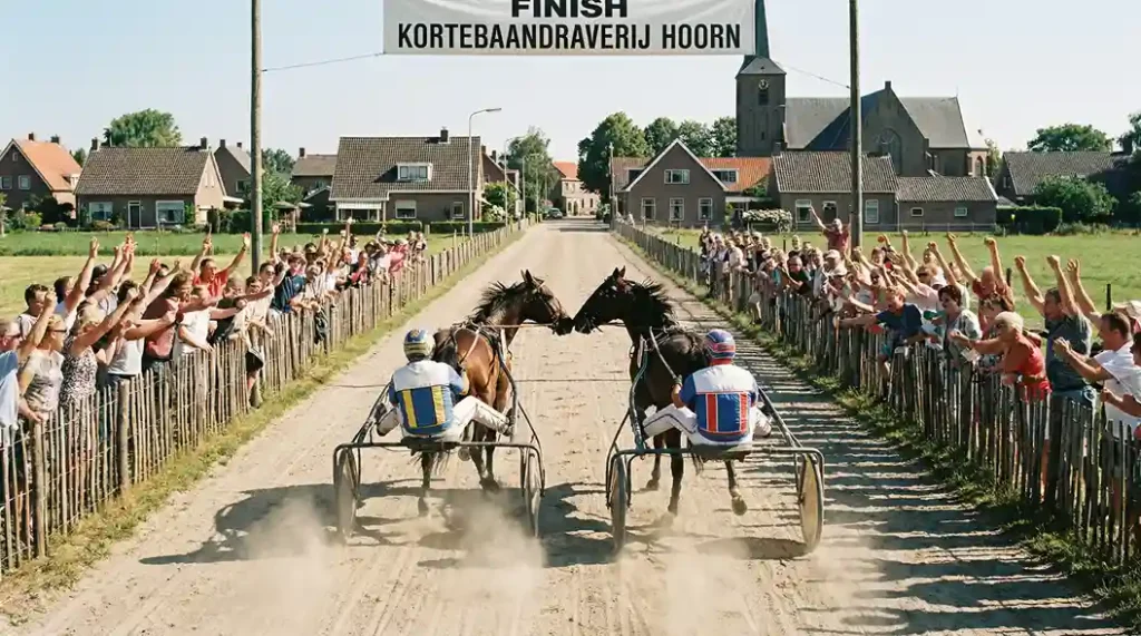 Twee dravers met sulky's zij aan zij in een spannende finish op een rechte kortebaanbaan