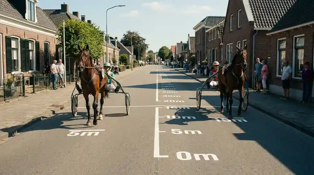 Startopstelling op een kortebaanbaan met markeringen voor verschillende startposities van de paarden