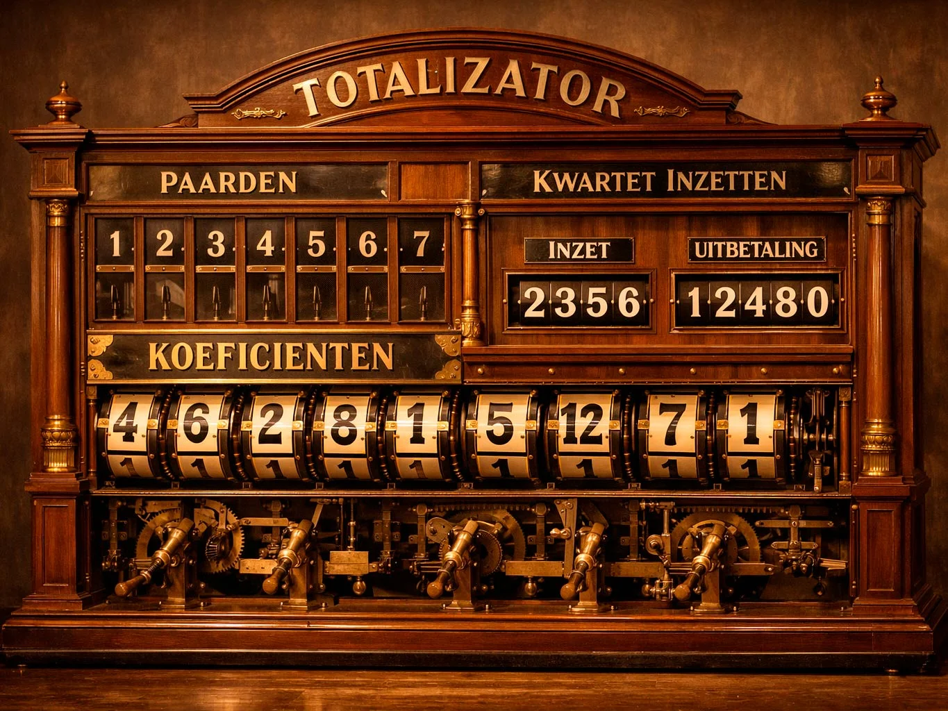 Historische totalisatormachine met mechanische tellers op een renbaan
