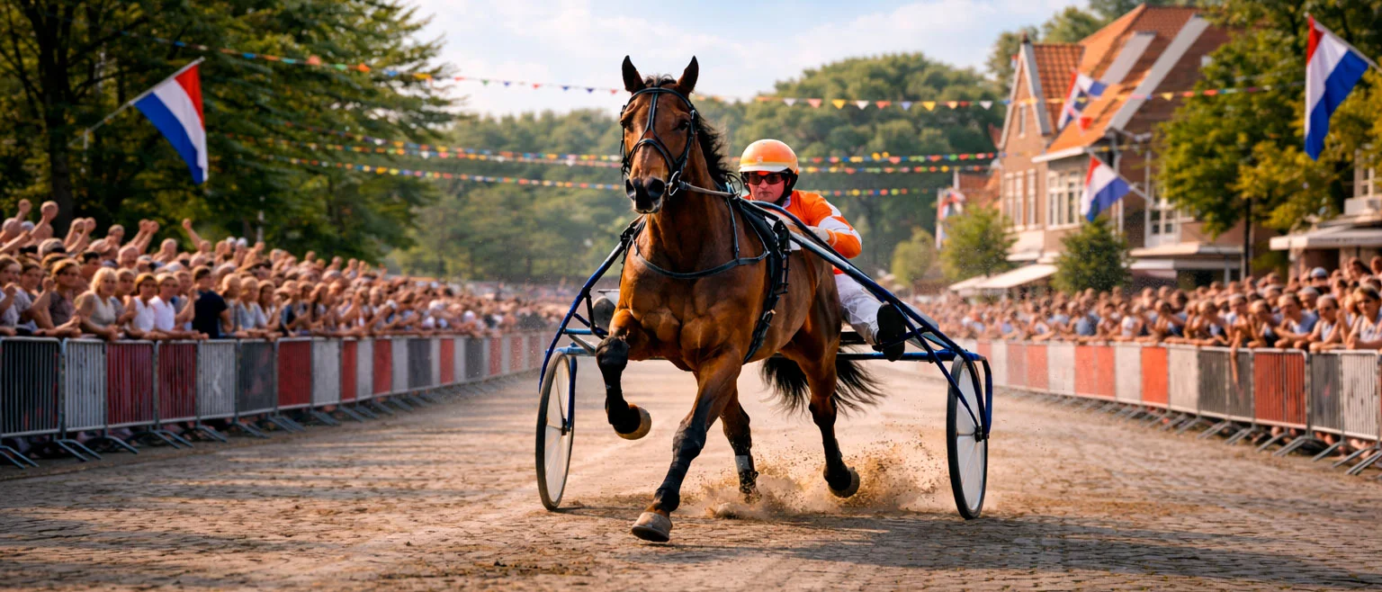 Kortebaandraverij in een Nederlandse dorpsstraat met sulky en publiek langs de baan