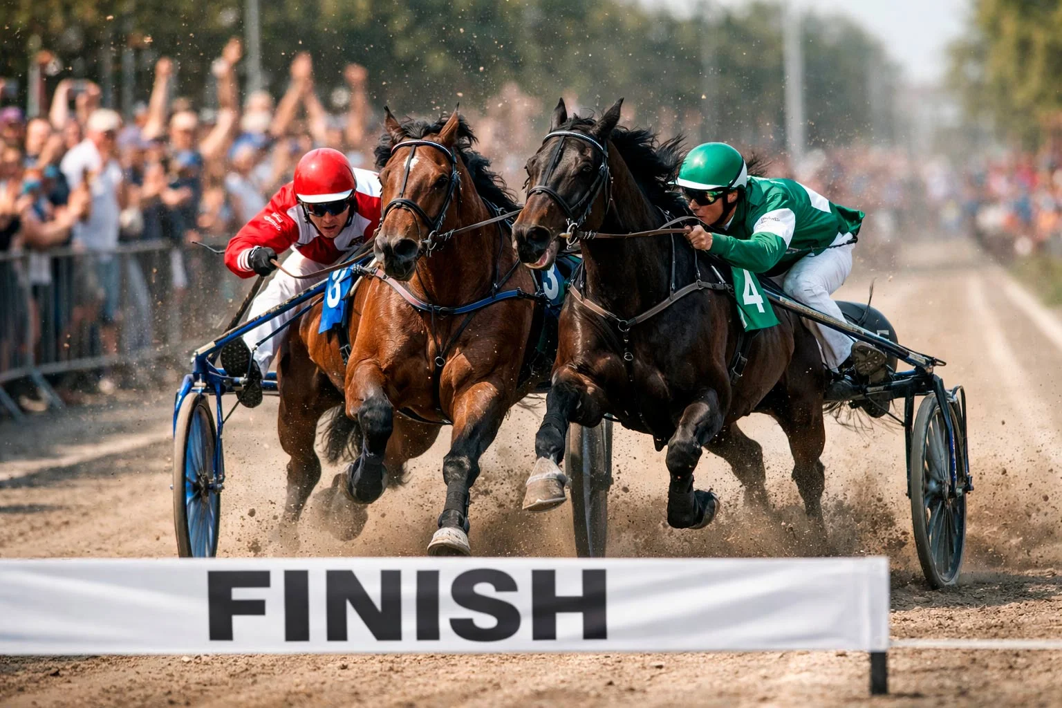 Spannende finish met twee sulkys in volle sprint naar de eindstreep
