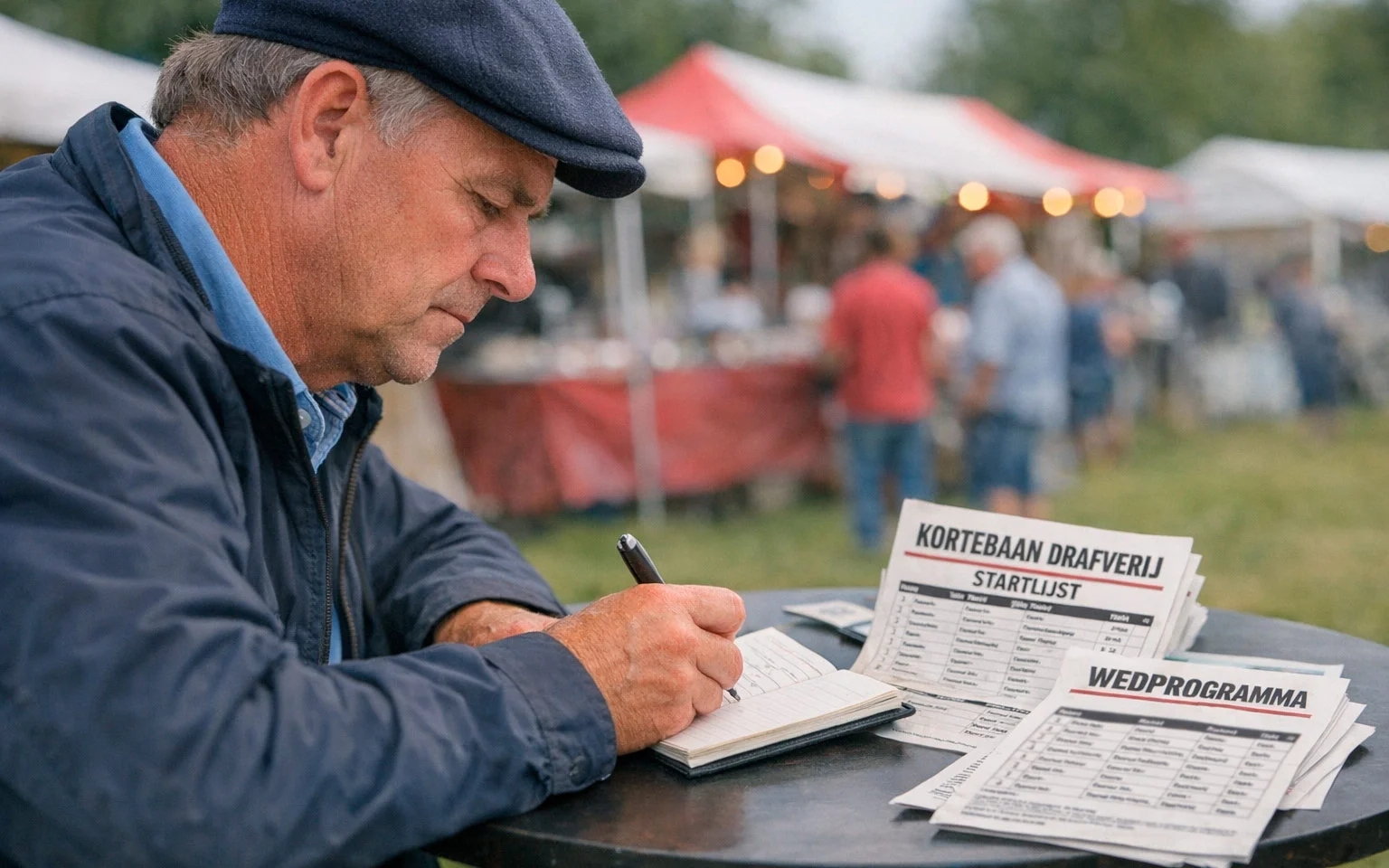 Man bestudeert paardenprestaties met notitieblok