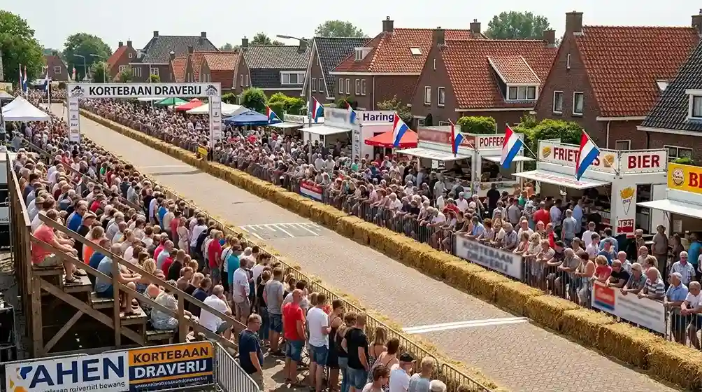 Drukbezochte kortebaandraverij in een Noord-Hollands dorp met publiek langs hekken en kramen