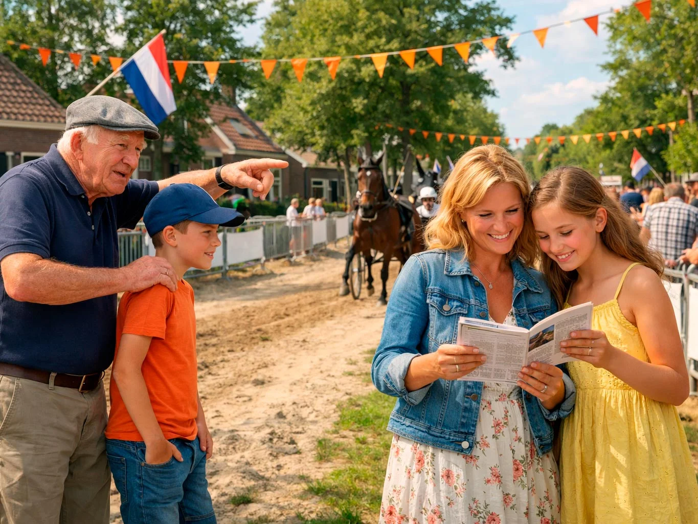 Familie geniet van kortebaandraverij met programmaboekje in hand