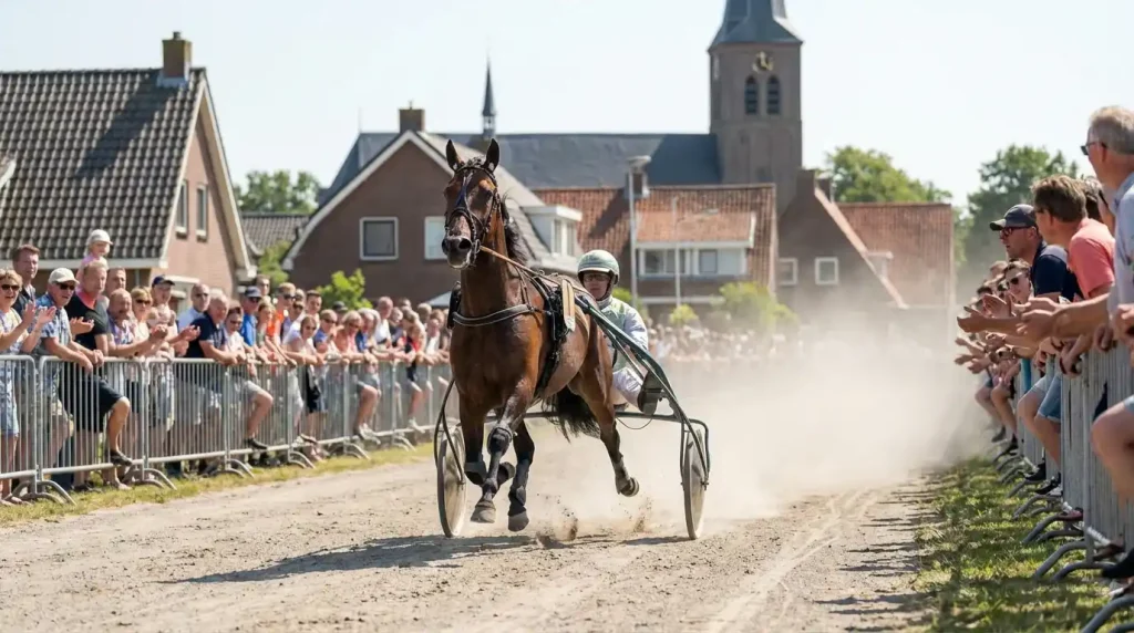 Paard met sulky en pikeur in volle sprint op een rechte dorpsbaan tijdens een kortebaandraverij