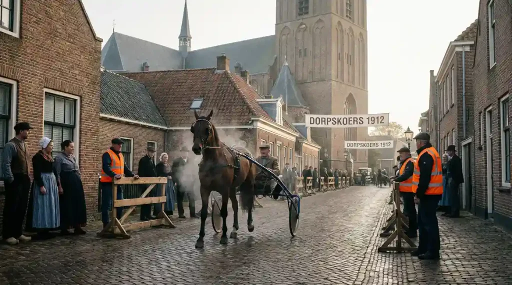 Sfeervolle dorpsstraat in Voorschoten met sulky en paard op de baan en kerk op de achtergrond