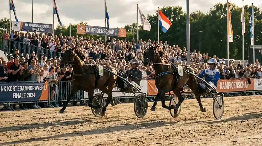 Finale van het Nederlands Kampioenschap kortebaan met twee sulky's in een fotofinish