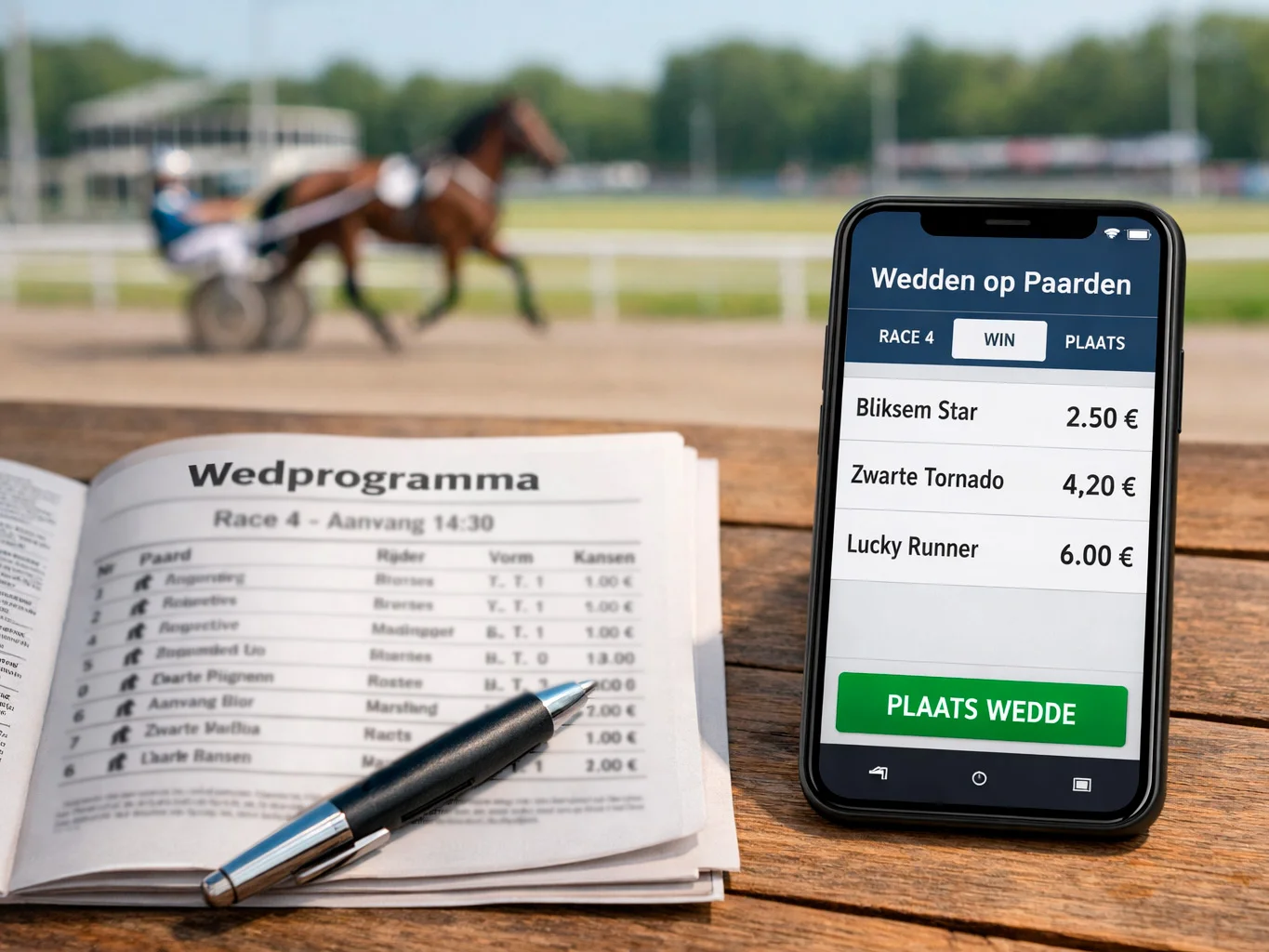 Smartphone met wedplatform naast programmaboekje op een zomerdag