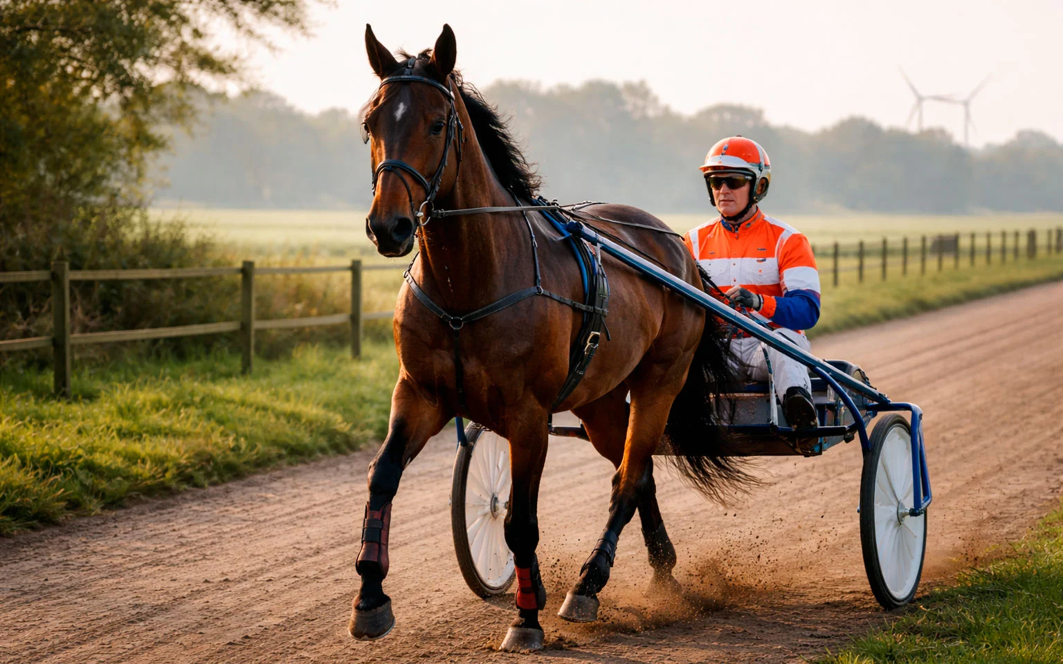 Pikeur in sulky met drafpaard tijdens training