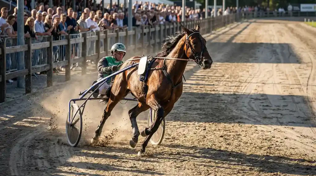 Pikeur in sulky tijdens de kenmerkende 180-graden draai aan de start van een kortebaankoers