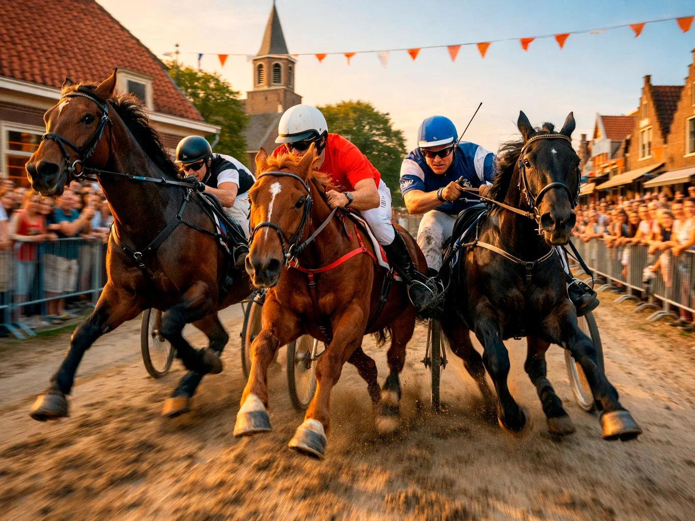 Drie dravers naderen samen de finish bij een spannende race