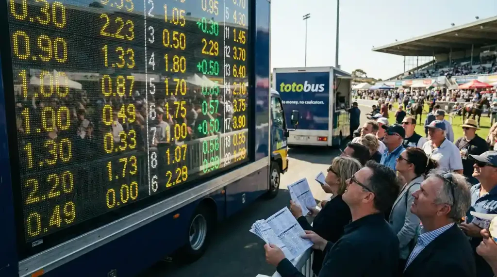 Quoteringsscherm bij een totobus met veranderende cijfers en toeschouwers die meekijken