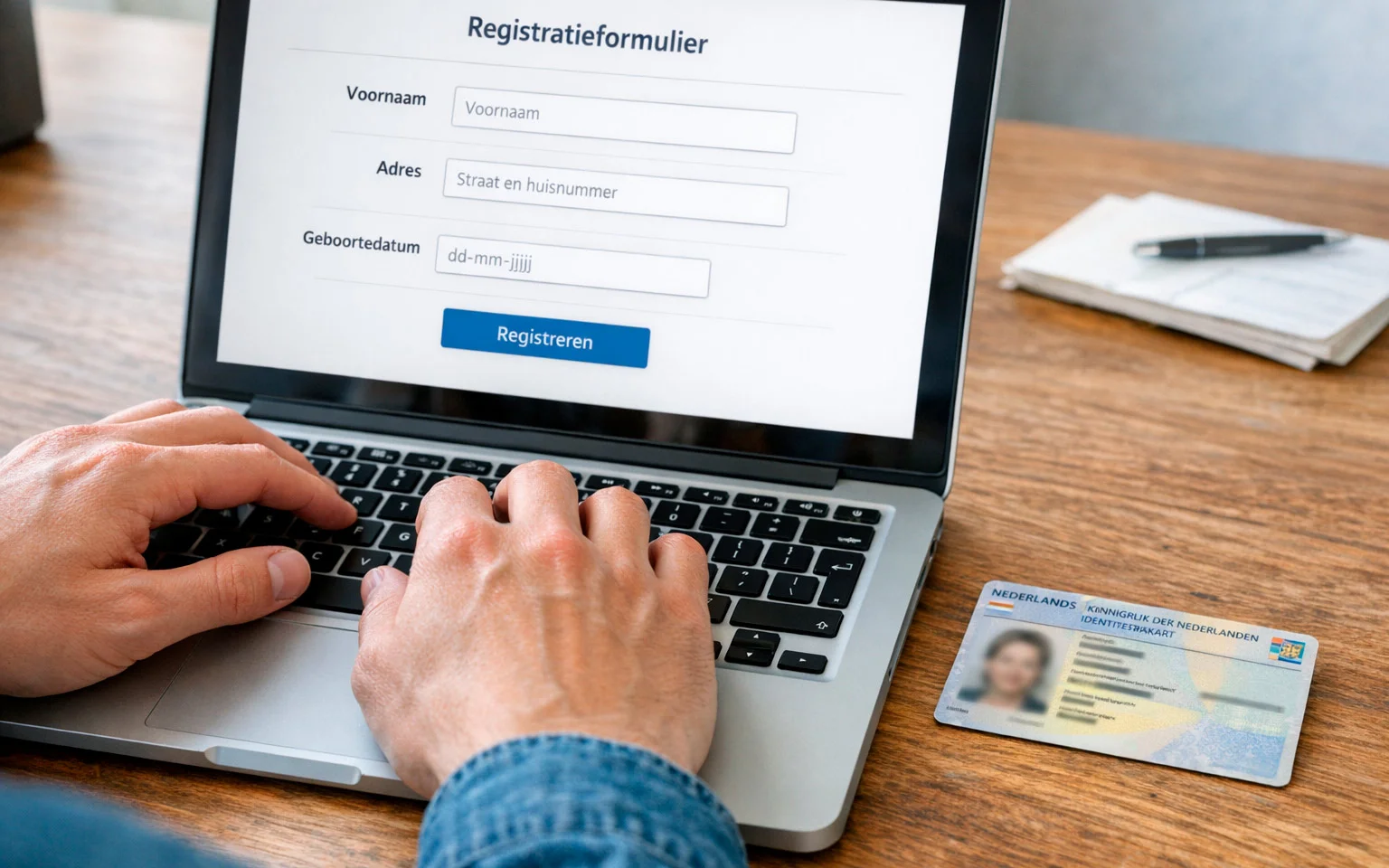 Persoon vult registratieformulier in op computer