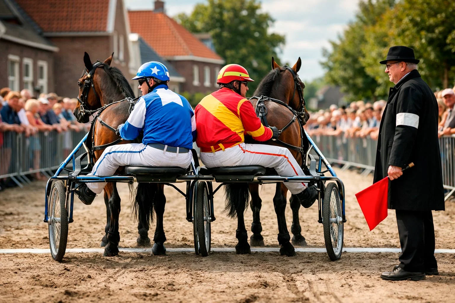 Sulky met paard en pikeur tijdens de startprocedure op de kortebaan