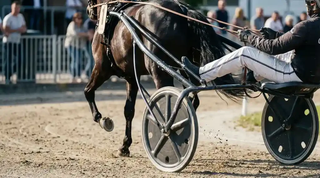 Close-up van een sulky met paard tijdens de 180-graden draai aan de start van een kortebaankoers