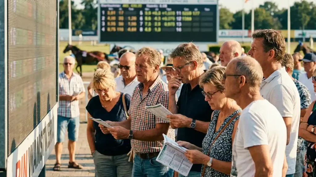 Quoteringsscherm bij een totobus met publiek dat weddenschappen bestudeert