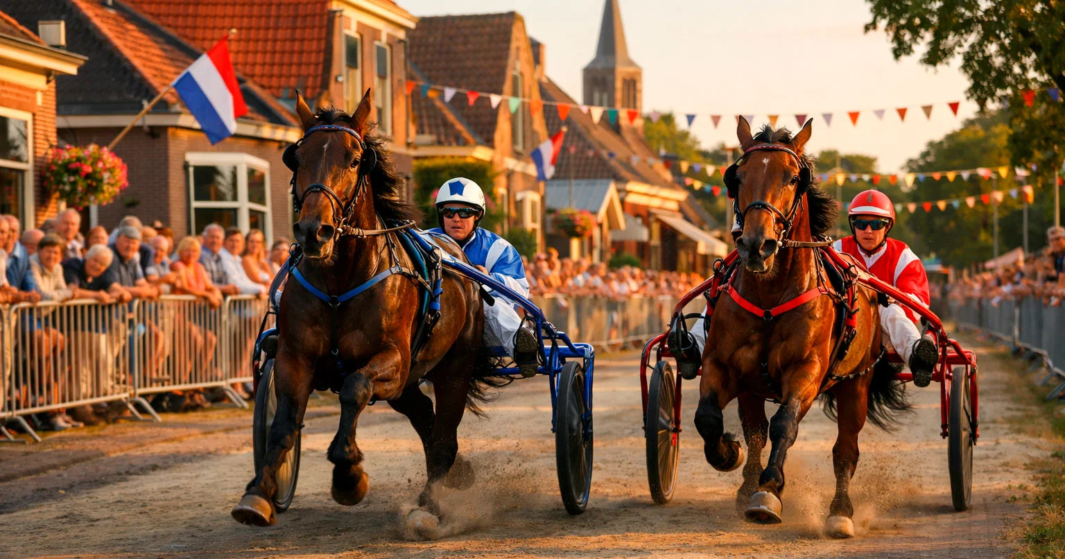 Twee dravers in actie tijdens een Nederlandse kortebaandraverij