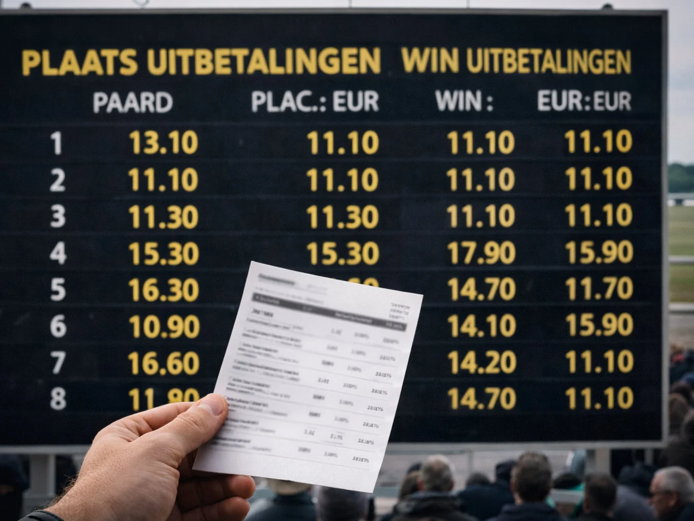 Bord met quoteringen en uitbetalingsoverzicht bij paardenwedden