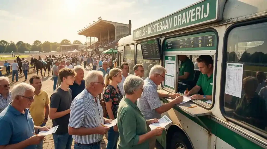 Totobus op een kortebaandraverij met wedders die formulieren invullen bij het loket