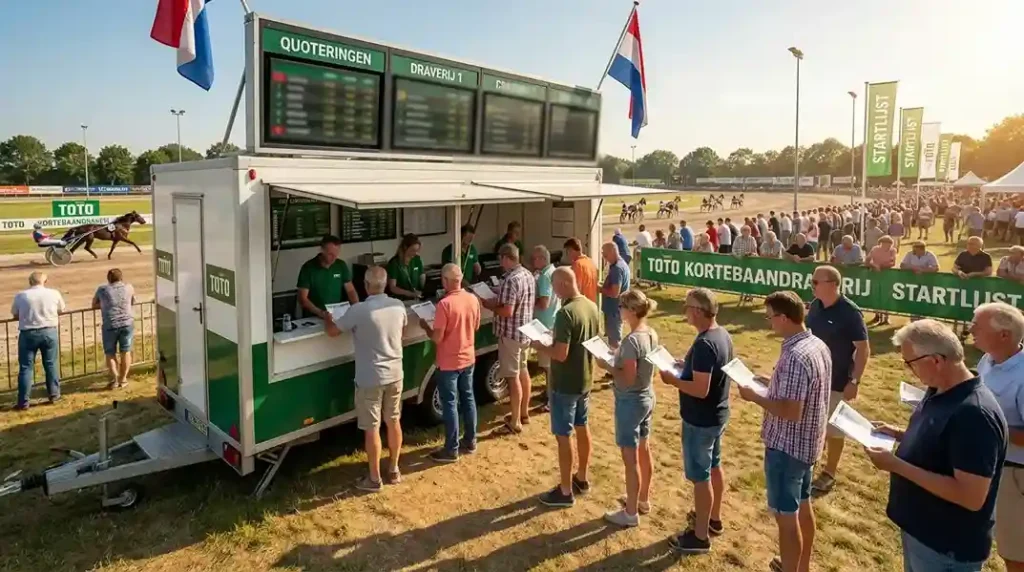 Totobus met loketten en quoteringsschermen op het terrein van een kortebaandraverij