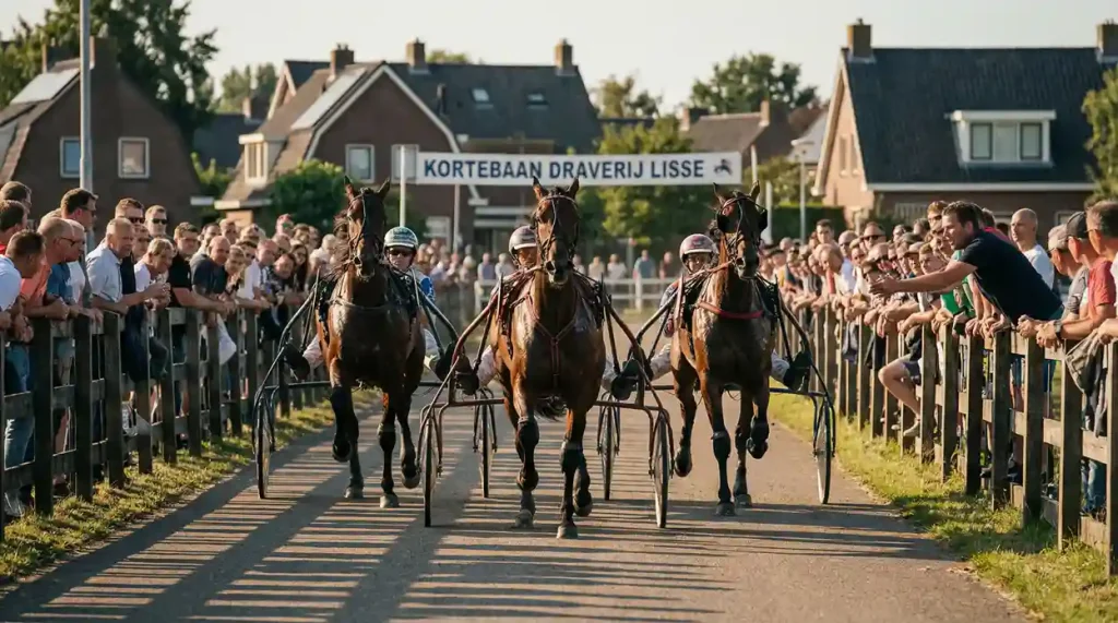 Drie dravers met sulky's in actie op een kortebaanbaan met gespannen publiek langs de hekken