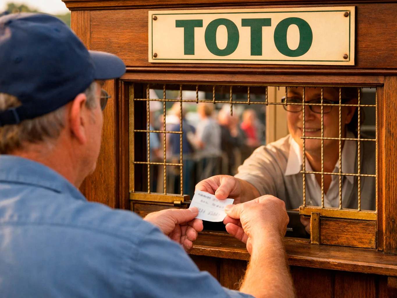 Persoon plaatst weddenschap bij totalisatorloket op kortebaan