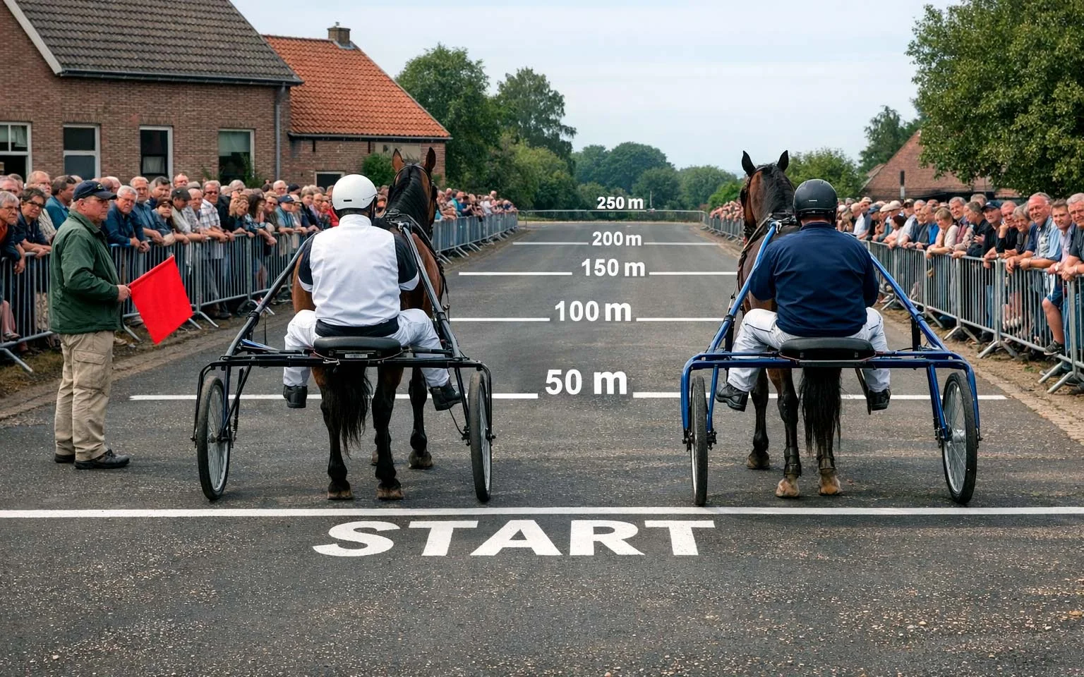 Draaistart van kortebaanrace met twee paarden