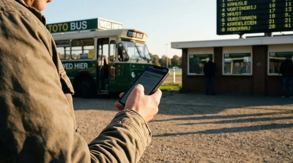 Persoon bekijkt informatie op een telefoon met op de achtergrond een totobus bij een draverij