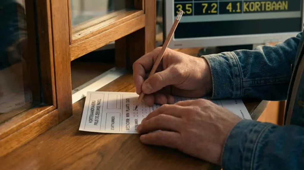 Close-up van handen die een wedformulier invullen bij de totobus met quoteringen op de achtergrond