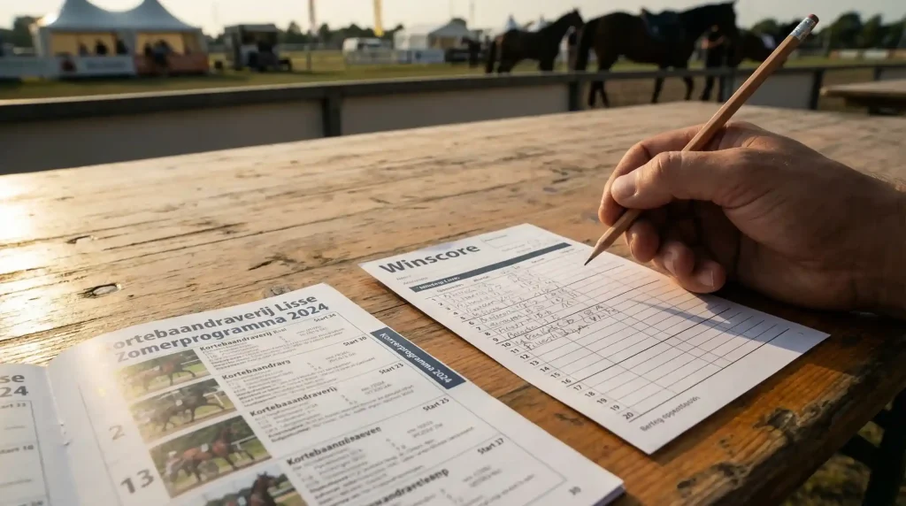 Winscore-formulier met meerdere koersen ingevuld op een tafel naast een programmaboekje