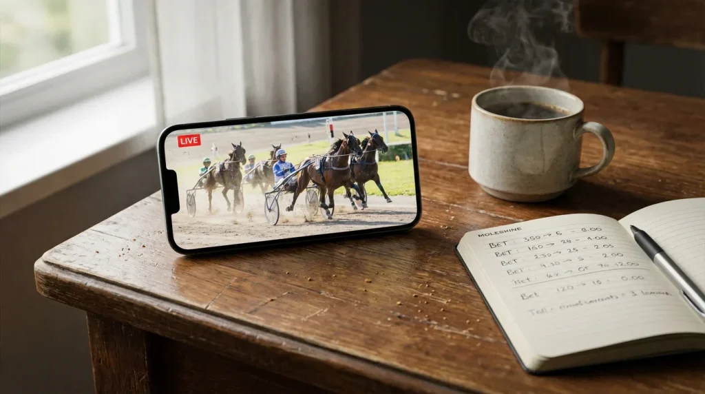 Smartphone met livestream van een paardenkoers op een houten tafel naast een kop koffie